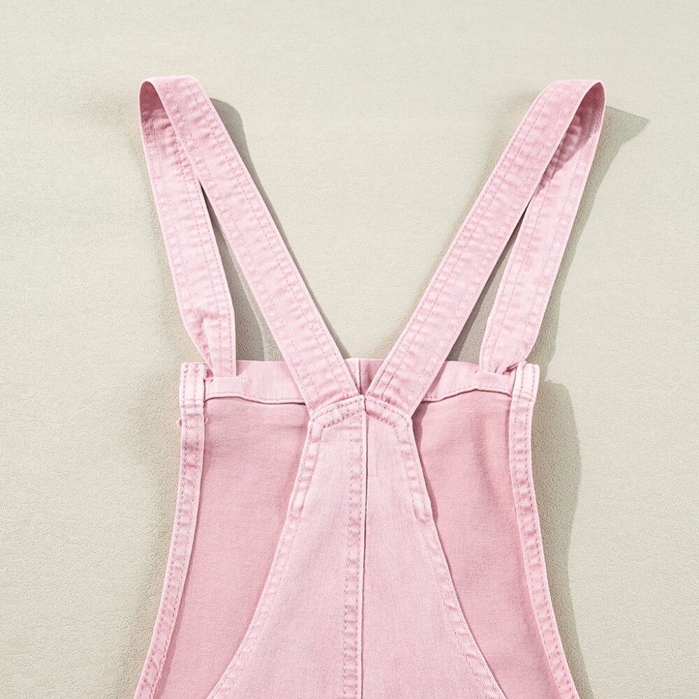 B240 Pink Solid Color Knot Straps Denim Romper with Pockets - Picture 9 of 10